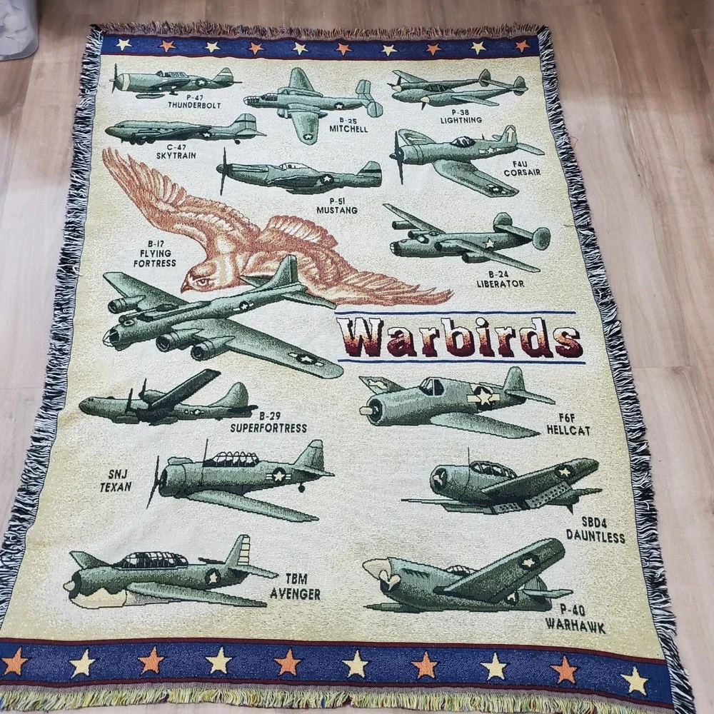 Warbirds Airplanes Tapestry Throw Blanket Multicolor WWII Aircraft Military USA